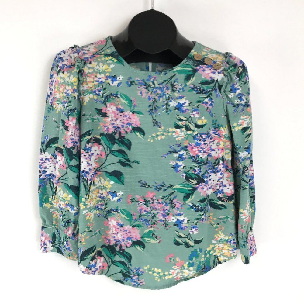 LC Lauren Conrad Floral Ruffle Top Women's XS Green Keyhole Button 3/4 Sleeve